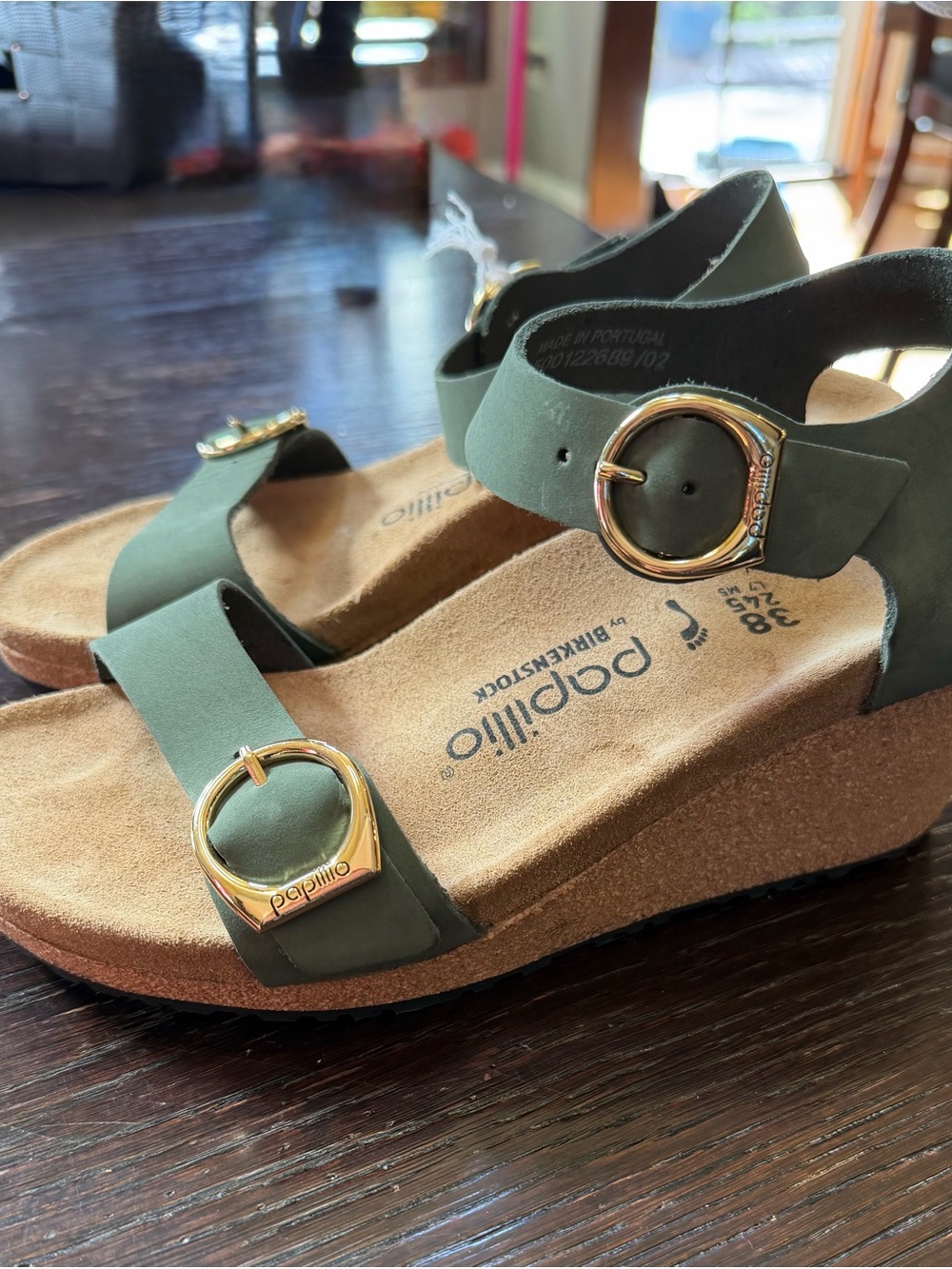 Birkenstock  Green Wedge Sandals with Gold Buckles